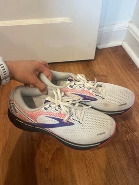 Brooks Women’s Ghost Running Shoes — White with Pink & Blue Accents